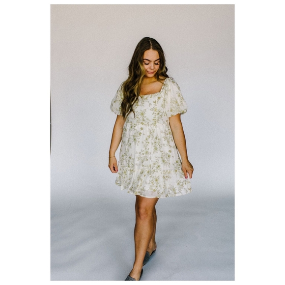 Blu Pepper Modest Square Neck Puff Sleeve White Green Toile Floral Mini Dress L - Picture 2 of 13